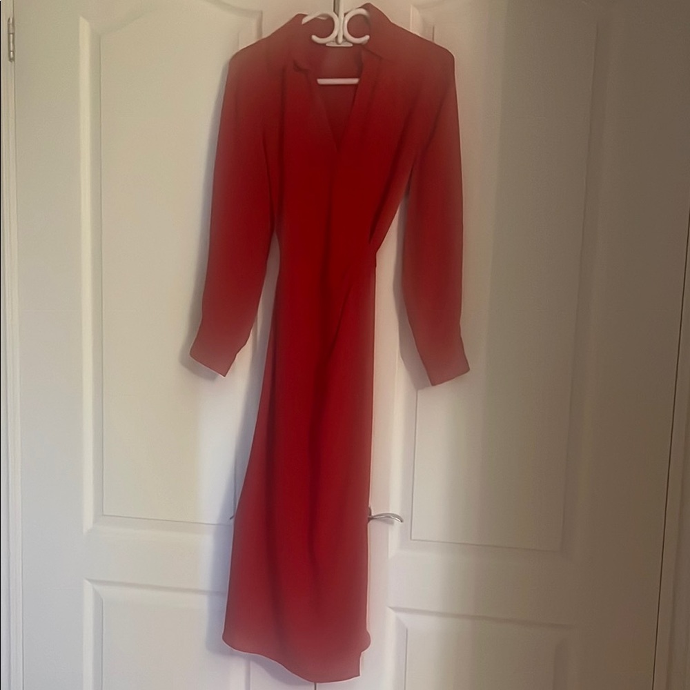 Babaton Red Long-Sleeve Midi Wrap Dress